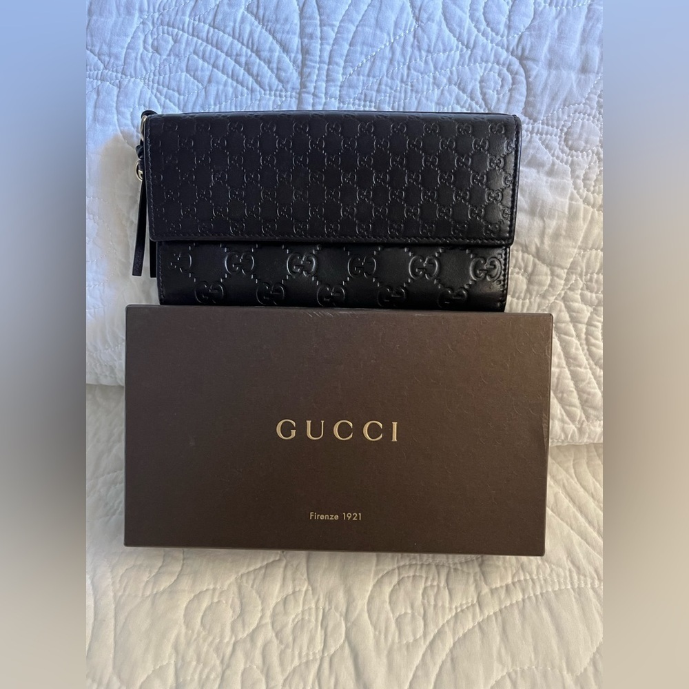 GUCCI Micro Guccissima GG‎ Pattern Long Bifold Wallet Leather Black Gold